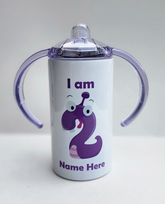 A purple and white cup with the number two on it.