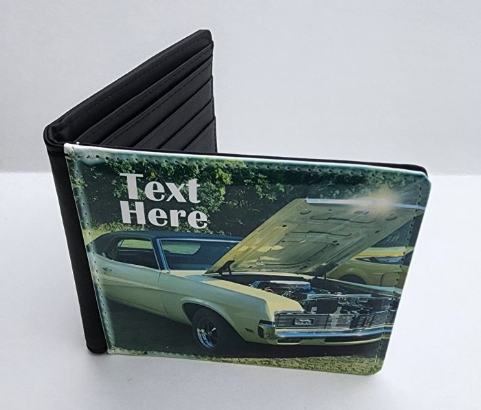 A wallet with an image of a car and the hood open.