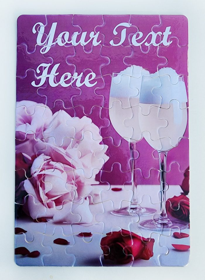 A puzzle with two glasses of wine and roses.