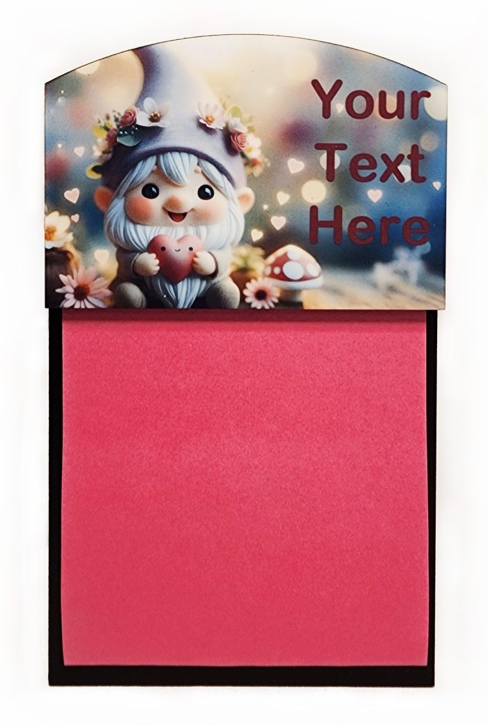 A gnome with flowers on it's head and pink background.